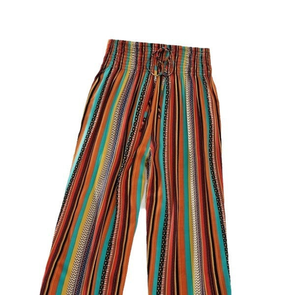 Multi-color Stripe Women's Casual Pants Tied Elastic Waist - nargiss