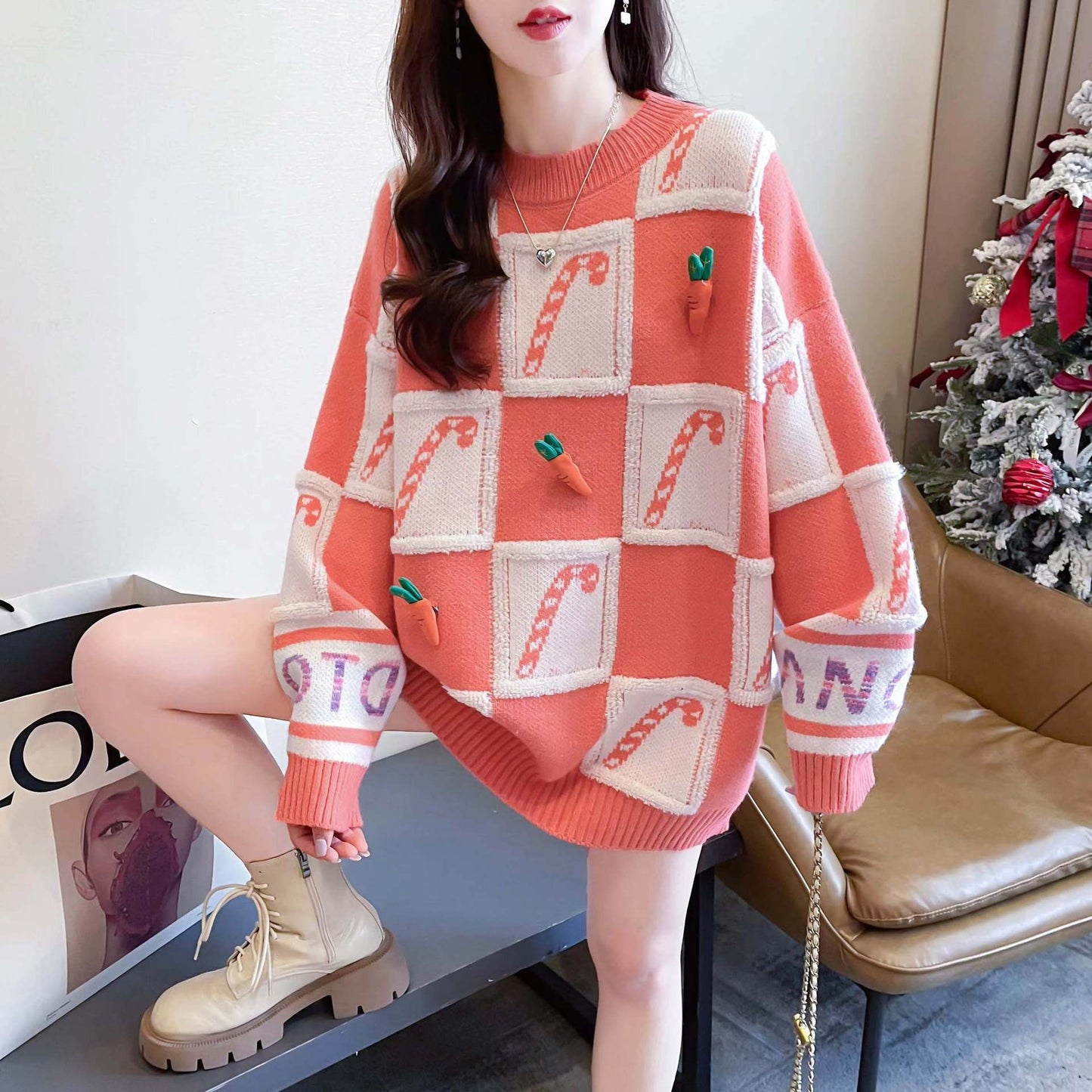 Lässiger Pullover im Japanisch-Koreanischen Stil - Häkelblumen | Rot & Orange - nargiss