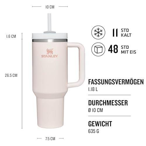 Stanley Quencher H2.0 FlowState Trinkflasche mit Strohhalm 1.2L - Thermobecher Kühlt 11 Stunden - 48 Stunden Eisgekühlt - Spülmaschinenfest - Thermosflasche BPA Frei - Kaffeebecher To Go - Rose - nargiss