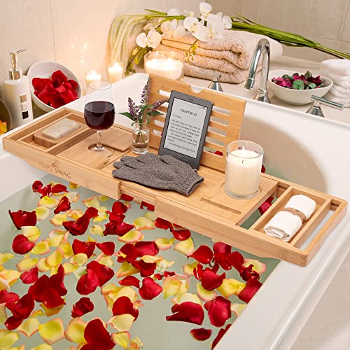 Temple Spring - Badewannenablage Bambus mit Kerzen-, Weinglas-, Buch-, Tablet-, iPad- und Telefonhalter. Badewannentablett ausziehbar, Badewannenablage Holz, Bathtub Tray 100% Bambus - Naturholz - nargiss