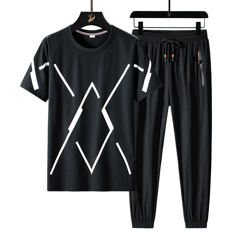 Summer Ice Silk Short Sleeve Trousers Casual Sports Suit - nargis