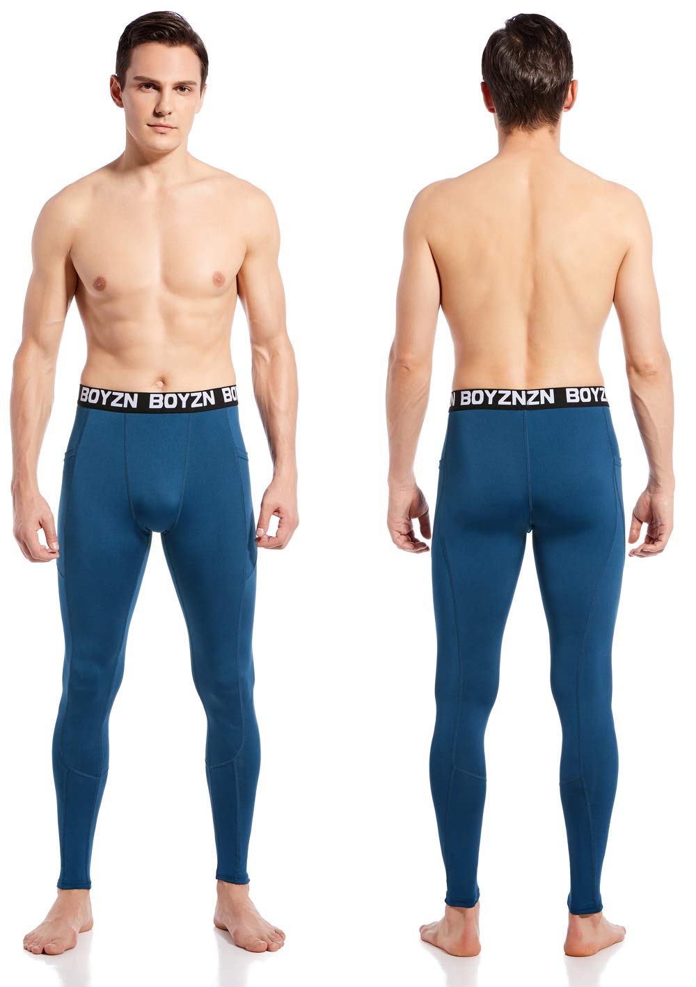 2er Pack Sport Leggings für Herren, Funktionsunterwäsche Kompressionshose Herren Fitness Strumpfhosen, Laufhose Tight Lange Unterhose Schnelltrocknende Sporthose Trainingshose Black/Blue(Pocket)-L - nargiss