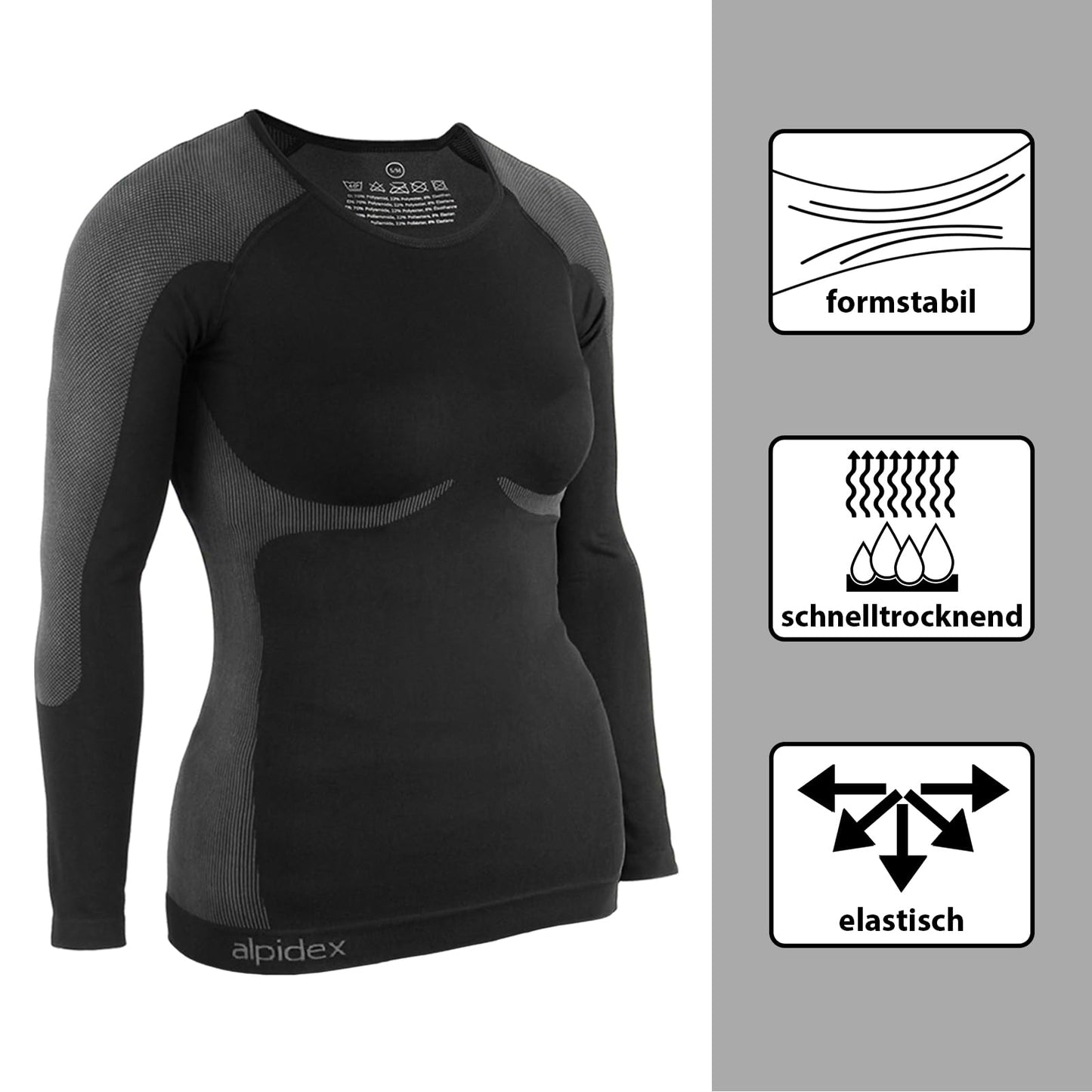 ALPIDEX Damen Funktionswäsche Thermounterwäsche Skiunterwäsche - atmungsaktiv, wärmend und schnell trocknend, Größe:S/M, Farbe:Black-Grey - nargiss