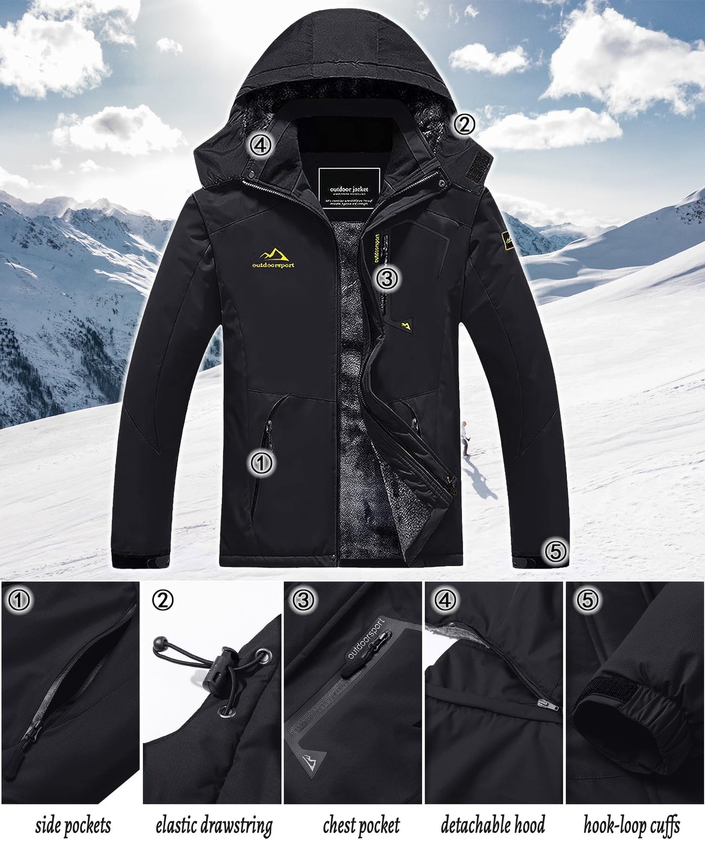 TACVASEN Herren Winterarbeitsjacken Outdoorjacke Snowboardjacke Warme Verdickete Winterjacke Kapuzenjacke für Männer, Schwarz, L - nargiss