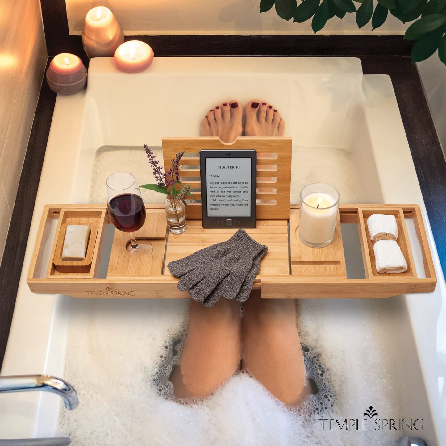Temple Spring - Badewannenablage Bambus mit Kerzen-, Weinglas-, Buch-, Tablet-, iPad- und Telefonhalter. Badewannentablett ausziehbar, Badewannenablage Holz, Bathtub Tray 100% Bambus - Naturholz - nargiss