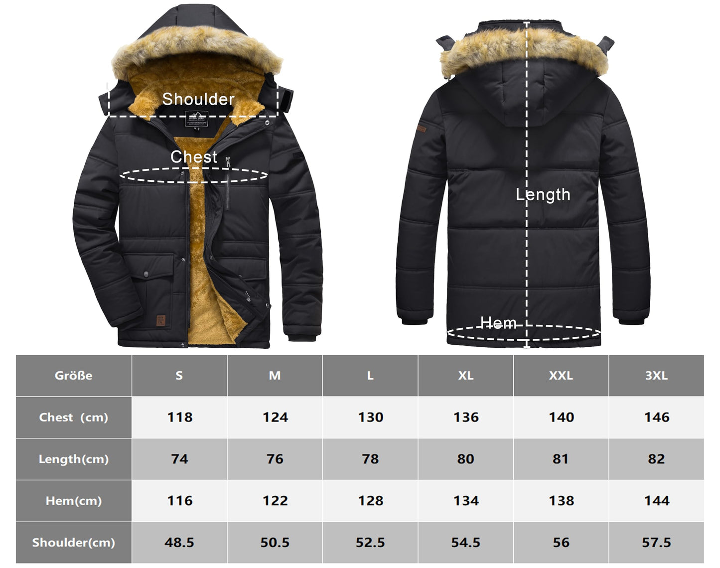 MAGCOMSEN Herren Warme Parka Jacke Gefüttert Winter Daunenjacke Männer Winddicht Warme Outdoorjacke Fleece Funktionsjacke Wandern Jagdjacke mit Mehrfachtaschen Schwarz XL - nargiss
