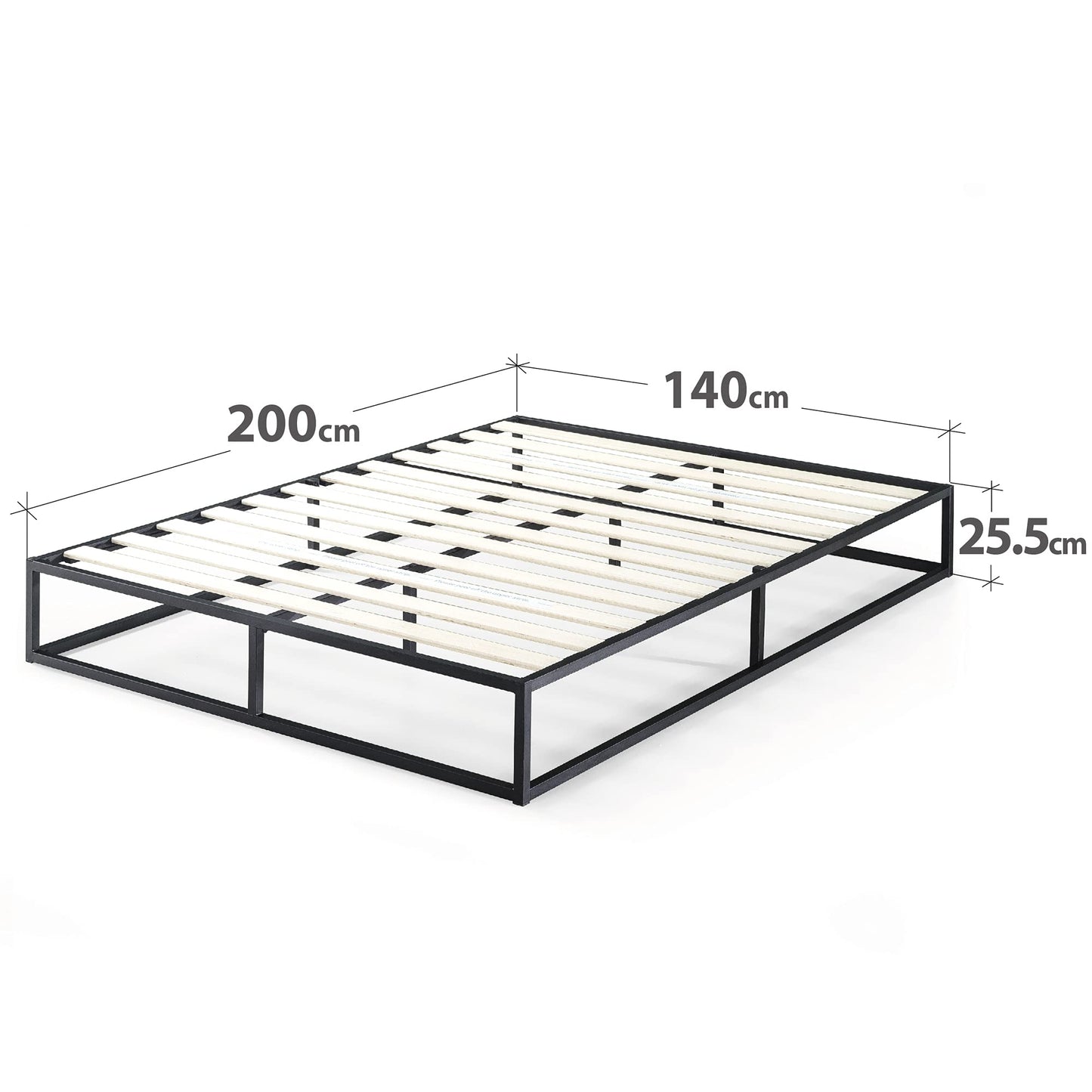 Zinus Joseph Bett 140x200 cm - Höhe 25 cm mit Unterbettstauraum - Metall-Plattformbettgestell mit Holzlattenrost - Schwarz - nargiss