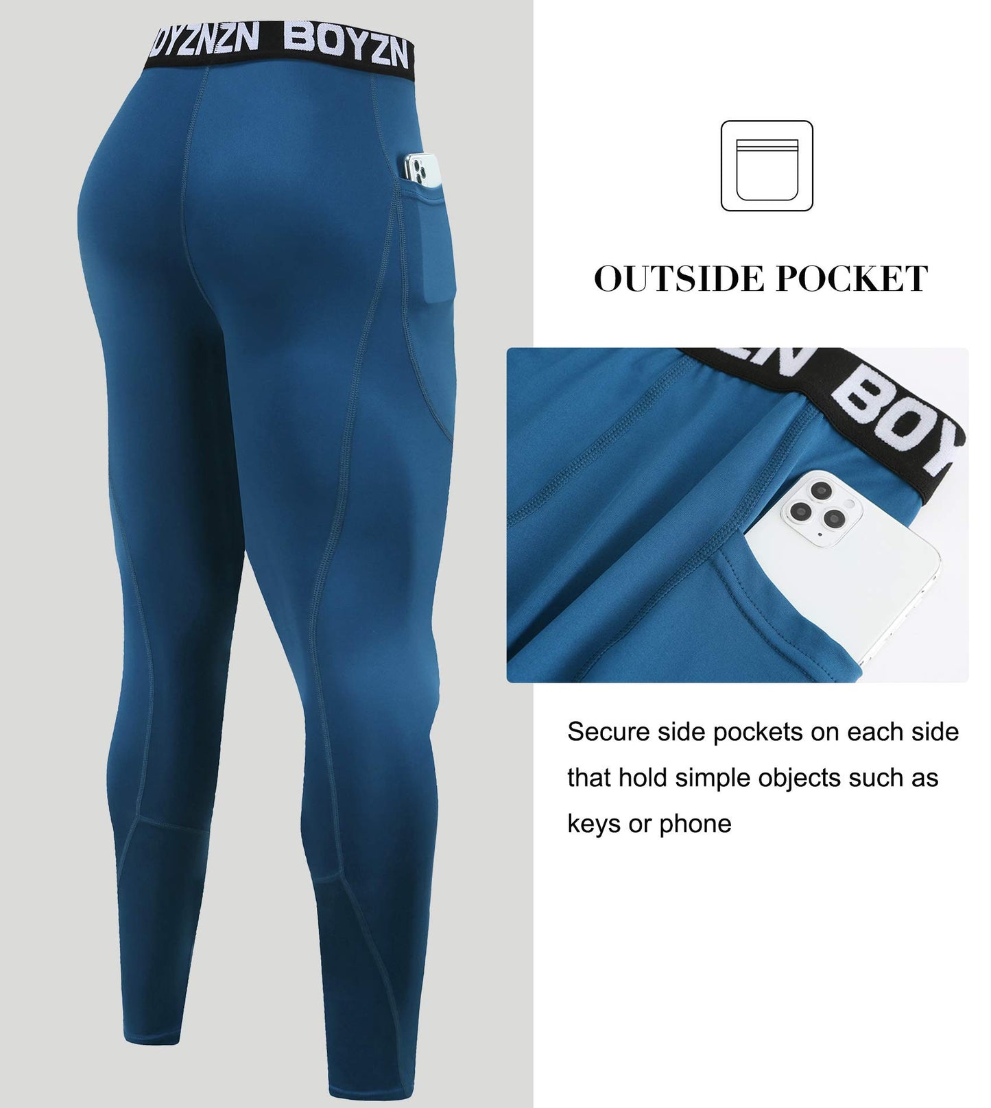 2er Pack Sport Leggings für Herren, Funktionsunterwäsche Kompressionshose Herren Fitness Strumpfhosen, Laufhose Tight Lange Unterhose Schnelltrocknende Sporthose Trainingshose Black/Blue(Pocket)-L - nargiss