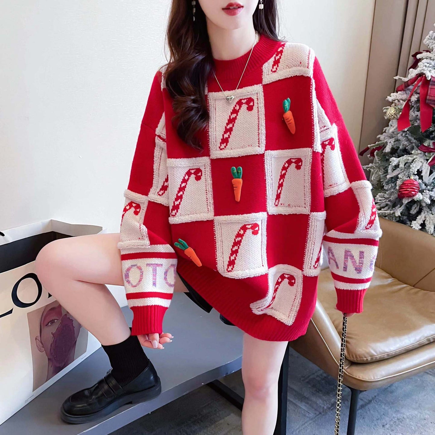 Lässiger Pullover im Japanisch-Koreanischen Stil - Häkelblumen | Rot & Orange - nargiss