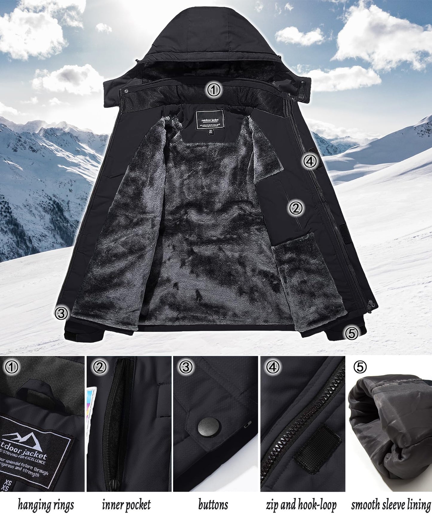 TACVASEN Herren Winterarbeitsjacken Outdoorjacke Snowboardjacke Warme Verdickete Winterjacke Kapuzenjacke für Männer, Schwarz, L - nargiss