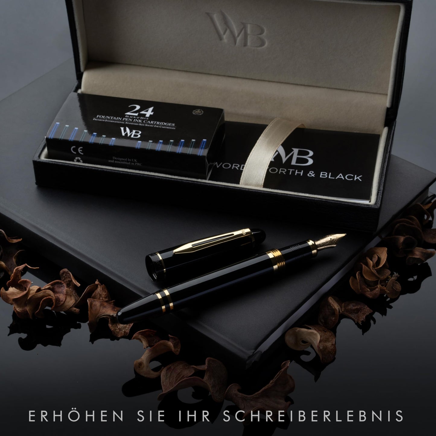 Wordsworth & Black Majesti Füllfederhalter (Schwarzgold), Luxus-Etui, Mittlere Feder - 24 Tintenpatronen, nachfüllbarer Tintenkonverter - Bestes Business-für Männer & Frauen - nargiss