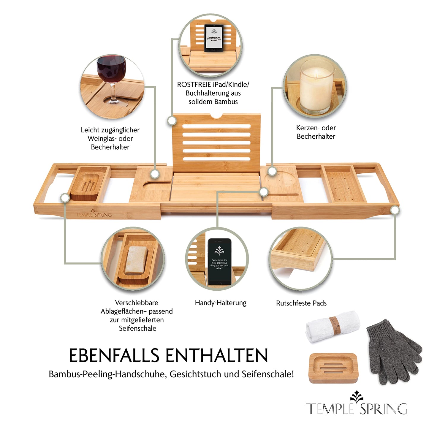 Temple Spring - Badewannenablage Bambus mit Kerzen-, Weinglas-, Buch-, Tablet-, iPad- und Telefonhalter. Badewannentablett ausziehbar, Badewannenablage Holz, Bathtub Tray 100% Bambus - Naturholz - nargiss