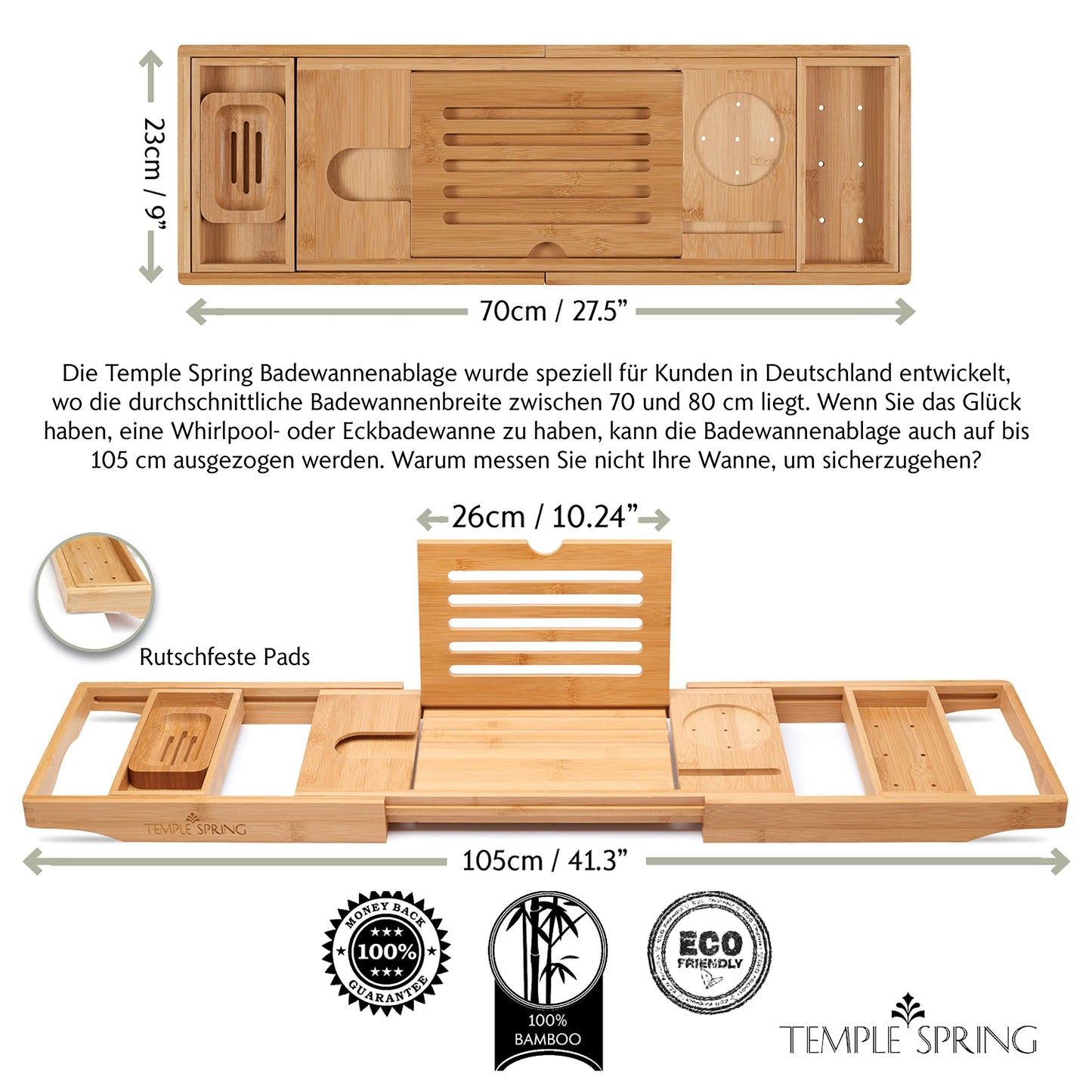 Temple Spring - Badewannenablage Bambus mit Kerzen-, Weinglas-, Buch-, Tablet-, iPad- und Telefonhalter. Badewannentablett ausziehbar, Badewannenablage Holz, Bathtub Tray 100% Bambus - Naturholz - nargiss