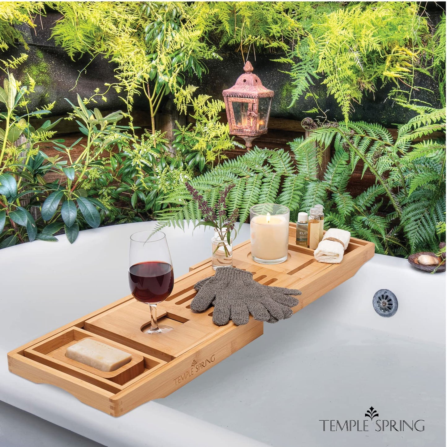 Temple Spring - Badewannenablage Bambus mit Kerzen-, Weinglas-, Buch-, Tablet-, iPad- und Telefonhalter. Badewannentablett ausziehbar, Badewannenablage Holz, Bathtub Tray 100% Bambus - Naturholz - nargiss