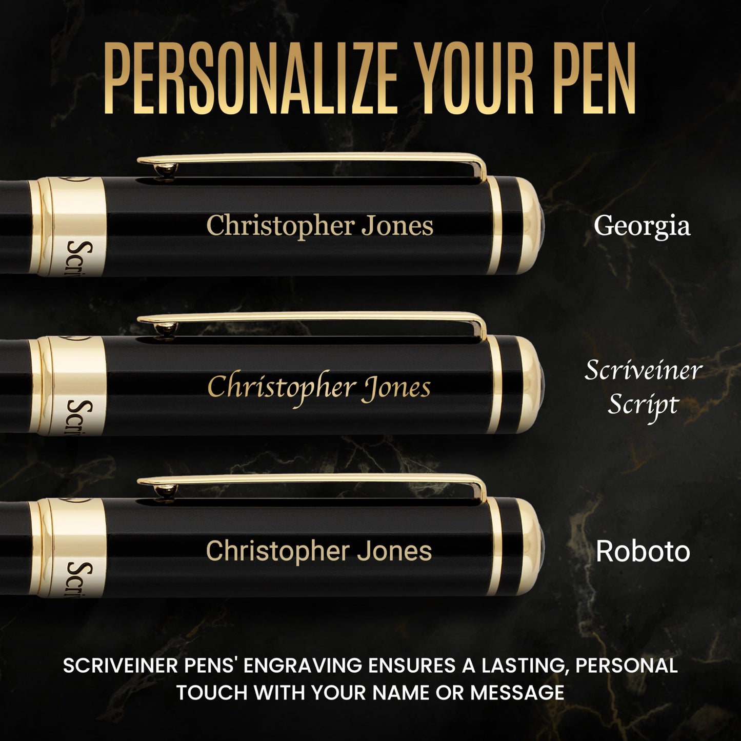 Scriveiner Black Personalisierter Stift - Luxus Füllfederhalter, Schwarzer Lack, Gold Finish, Deutsche Schmidt Feder (Mittel), Bestes Graviertes Füllfederhalter Geschenkset, Namensgravur - nargiss