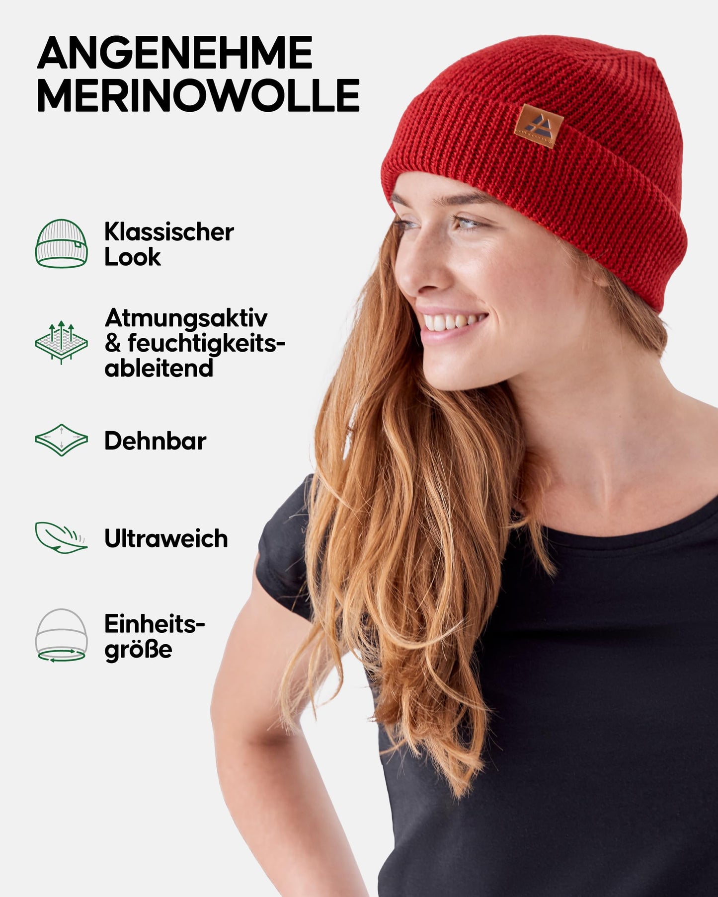 DANISH ENDURANCE Merino Mütze, Klassische Wollmütze, Warme Wintermütze, für Winter & Herbst, Weich, Stretchy, für Damen & Herren, Rot, One Size - nargiss