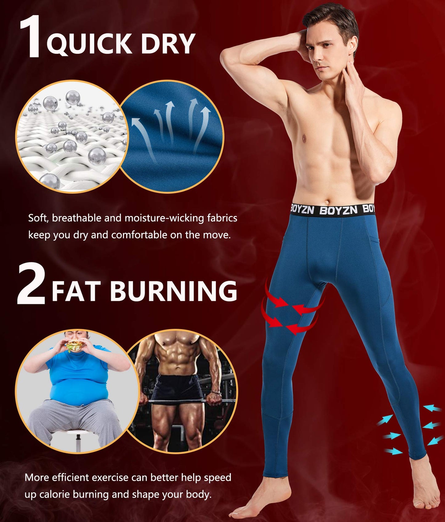 2er Pack Sport Leggings für Herren, Funktionsunterwäsche Kompressionshose Herren Fitness Strumpfhosen, Laufhose Tight Lange Unterhose Schnelltrocknende Sporthose Trainingshose Black/Blue(Pocket)-L - nargiss