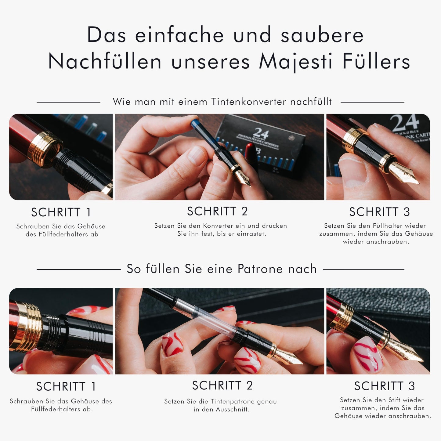 Wordsworth & Black Majesti Füllfederhalter (Schwarzgold), Luxus-Etui, Mittlere Feder - 24 Tintenpatronen, nachfüllbarer Tintenkonverter - Bestes Business-für Männer & Frauen - nargiss