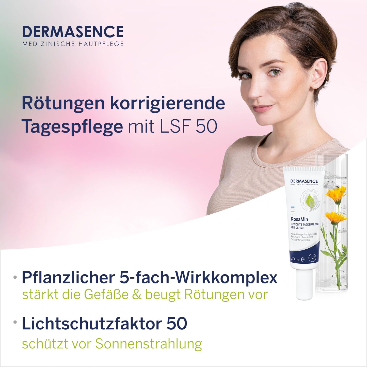 DERMASENCE RosaMin Getönte Tagespflege LSF 50, 30 ml - Rötungen korrigierende Tagespflege mit LSF 50 für Couperose und zu Rosacea neigende Haut - nargiss