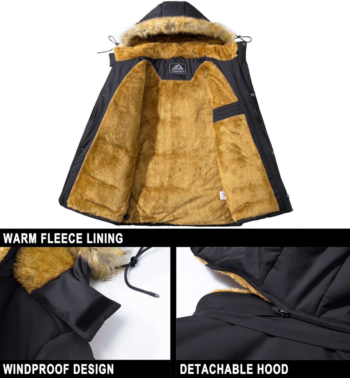 MAGCOMSEN Herren Warme Parka Jacke Gefüttert Winter Daunenjacke Männer Winddicht Warme Outdoorjacke Fleece Funktionsjacke Wandern Jagdjacke mit Mehrfachtaschen Schwarz XL - nargiss