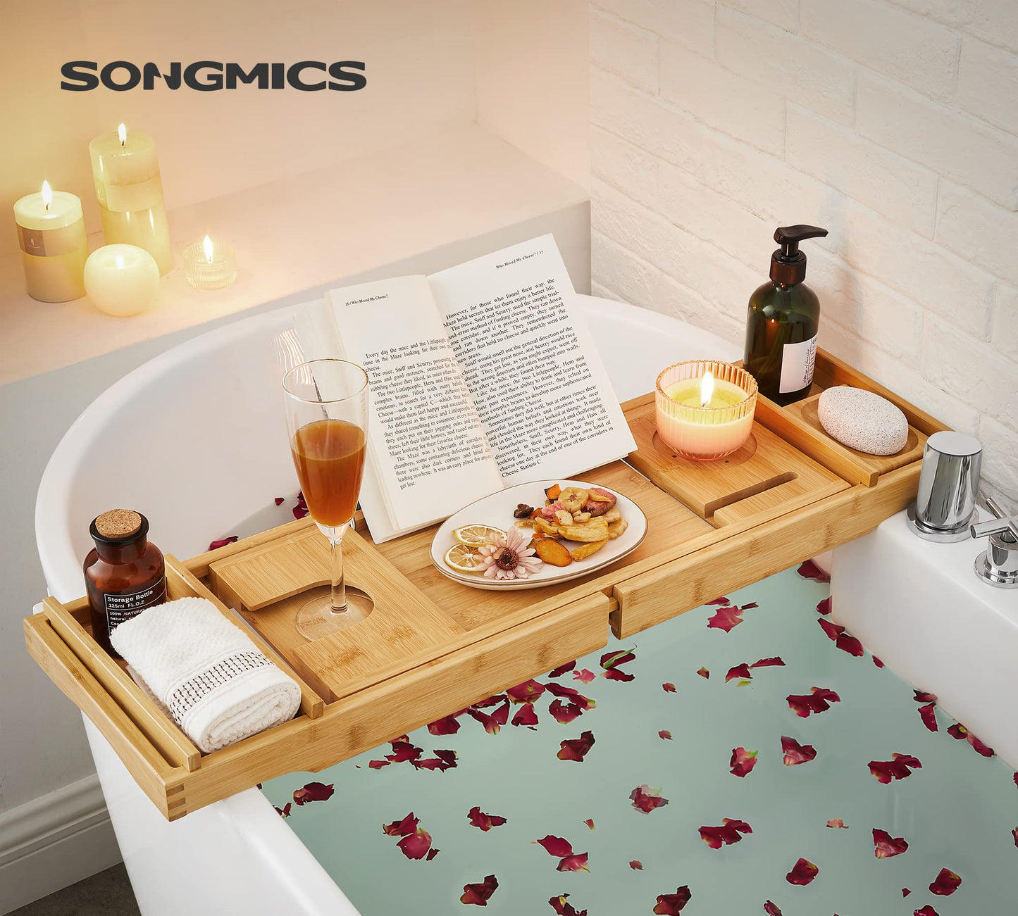 SONGMICS ausziehbare Badewannenablage aus Bambus verstellbares Badewannenbrett Badewannen Ablagen, mit Getränkehalter, Buchstütze, Seifenhalter 75-109 x 4,5 x 23 cm (B x H x T) BCB88Y - nargiss