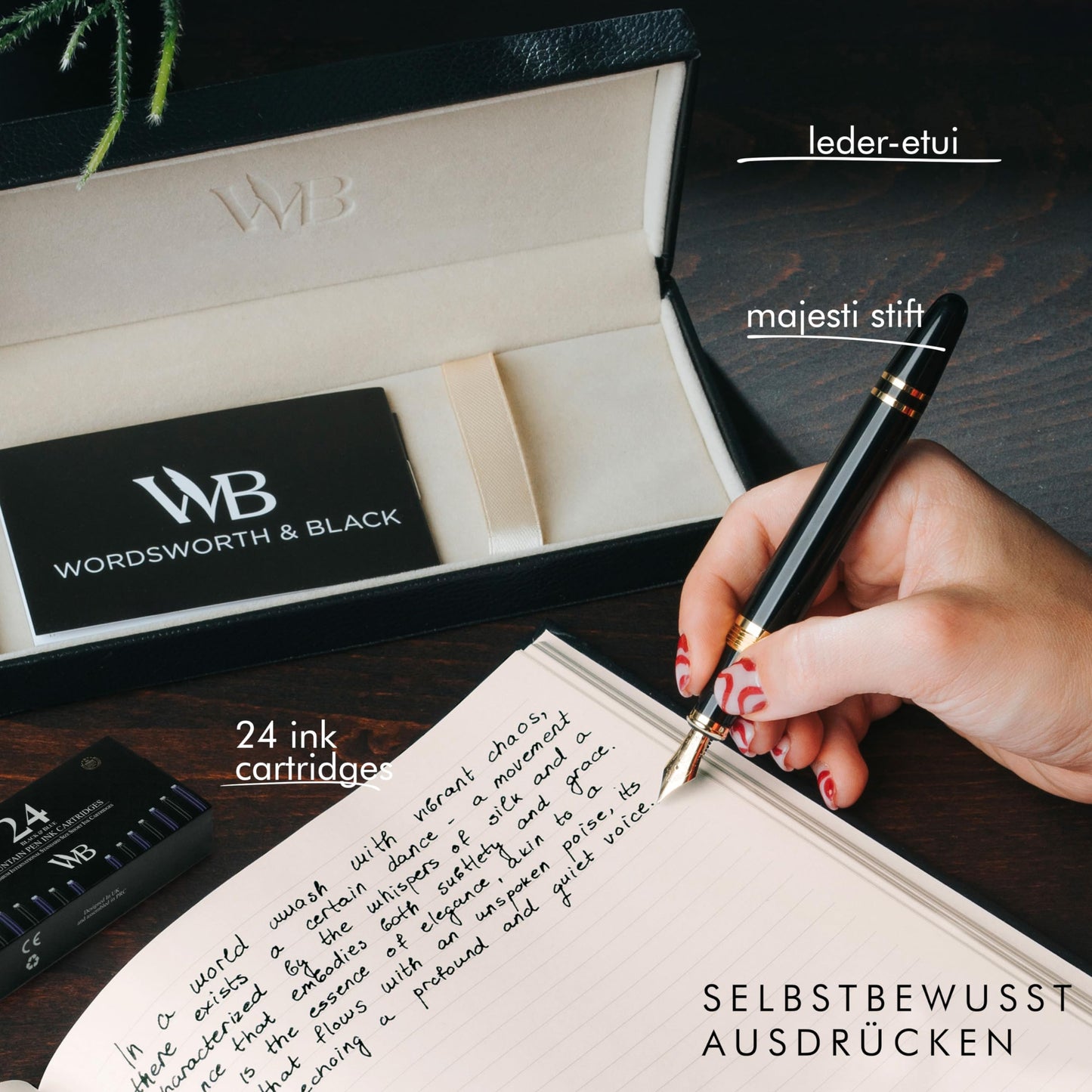 Wordsworth & Black Majesti Füllfederhalter (Schwarzgold), Luxus-Etui, Mittlere Feder - 24 Tintenpatronen, nachfüllbarer Tintenkonverter - Bestes Business-für Männer & Frauen - nargiss