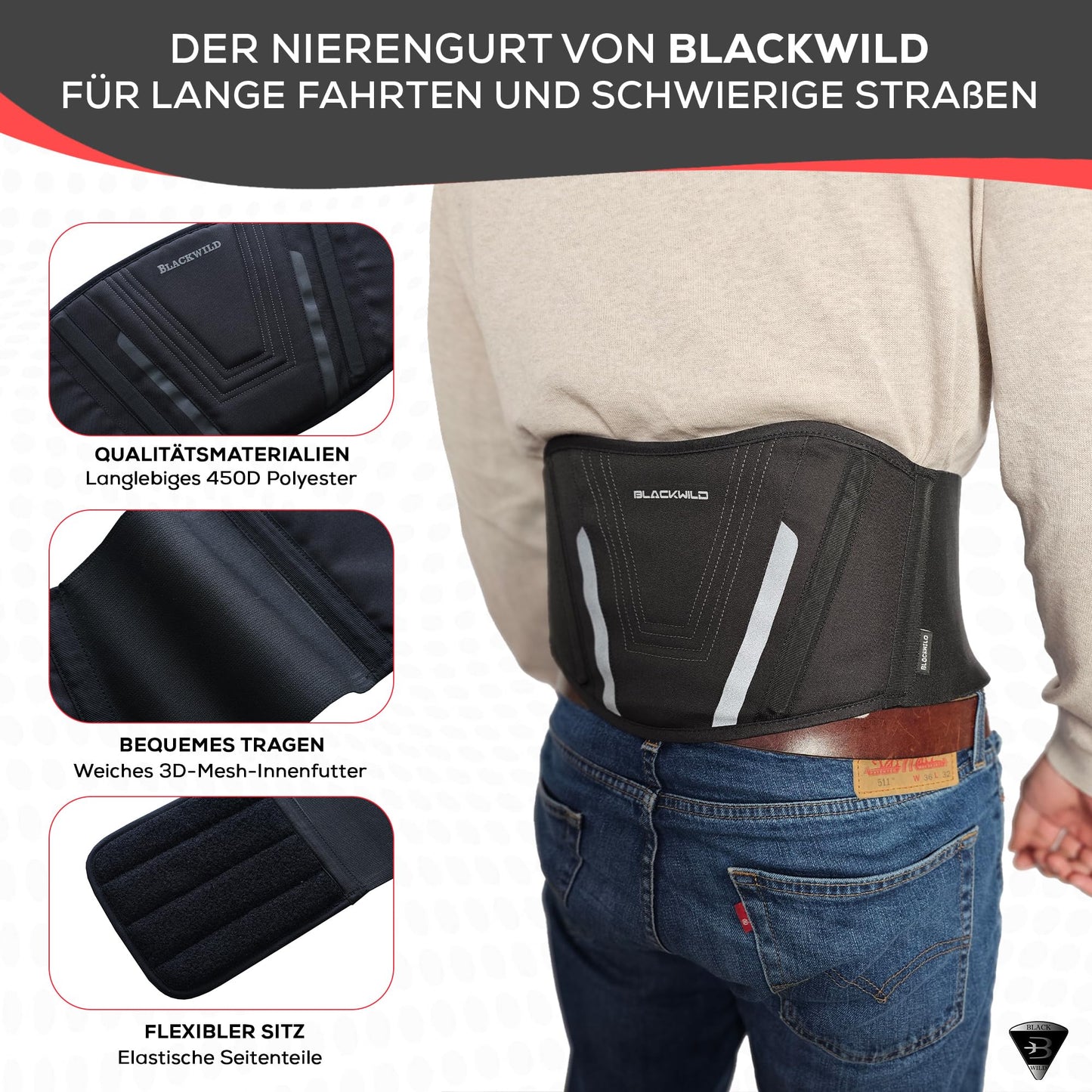 BLACKWILD Nierengurt Motorrad| Nierengurt Motorrad Herren und Damen, Grundschwarz | Effektive Stabilisierung nierenwärmer Lendenwirbelstütze Nierengurt (L = 100-110cm Bauchumfang) - nargiss