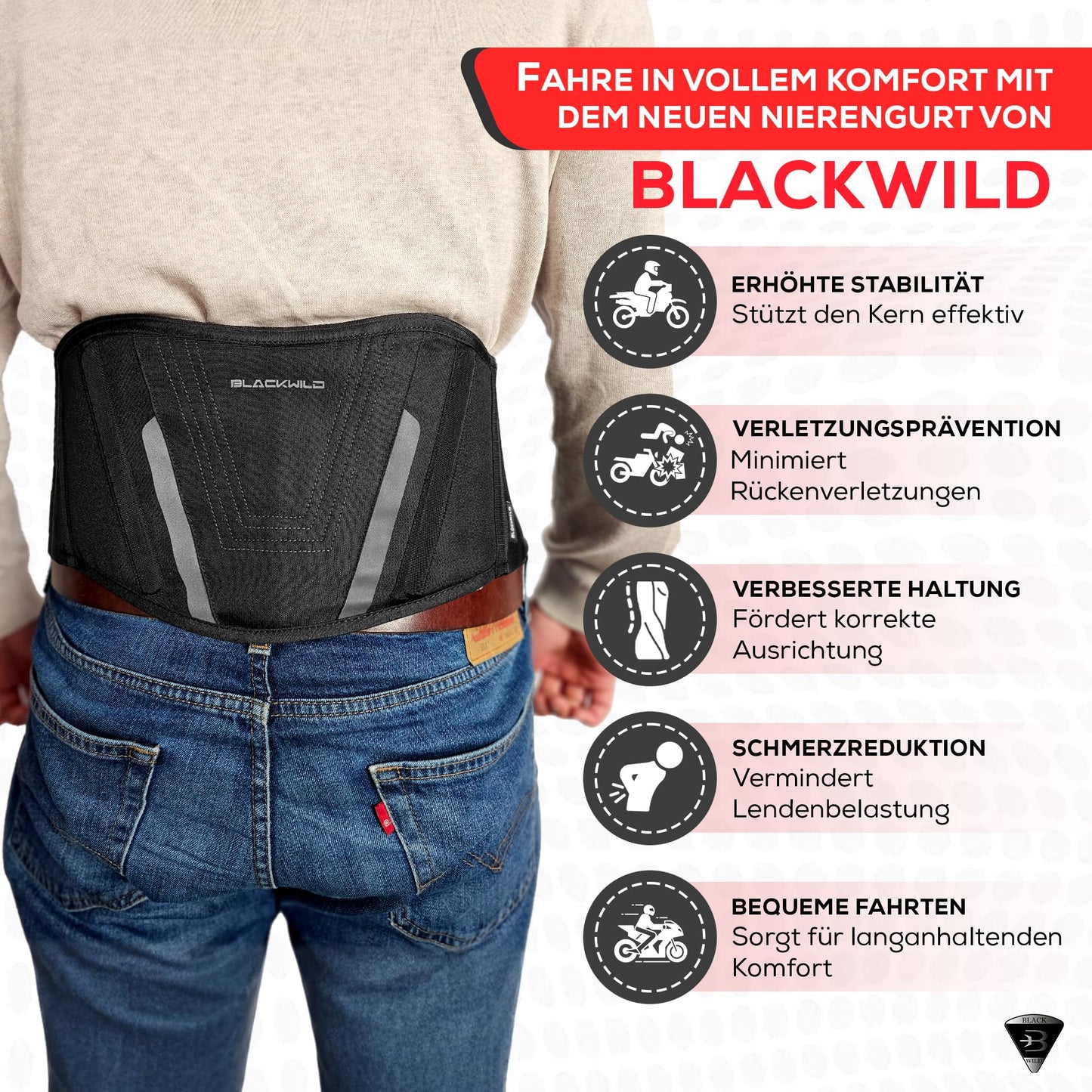 BLACKWILD Nierengurt Motorrad| Nierengurt Motorrad Herren und Damen, Grundschwarz | Effektive Stabilisierung nierenwärmer Lendenwirbelstütze Nierengurt (L = 100-110cm Bauchumfang) - nargiss