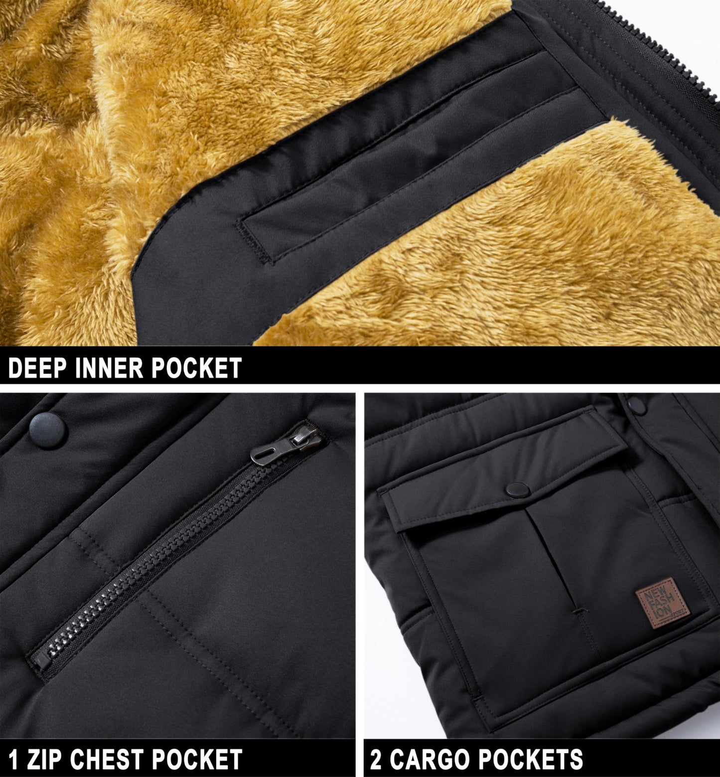 MAGCOMSEN Herren Warme Parka Jacke Gefüttert Winter Daunenjacke Männer Winddicht Warme Outdoorjacke Fleece Funktionsjacke Wandern Jagdjacke mit Mehrfachtaschen Schwarz XL - nargiss