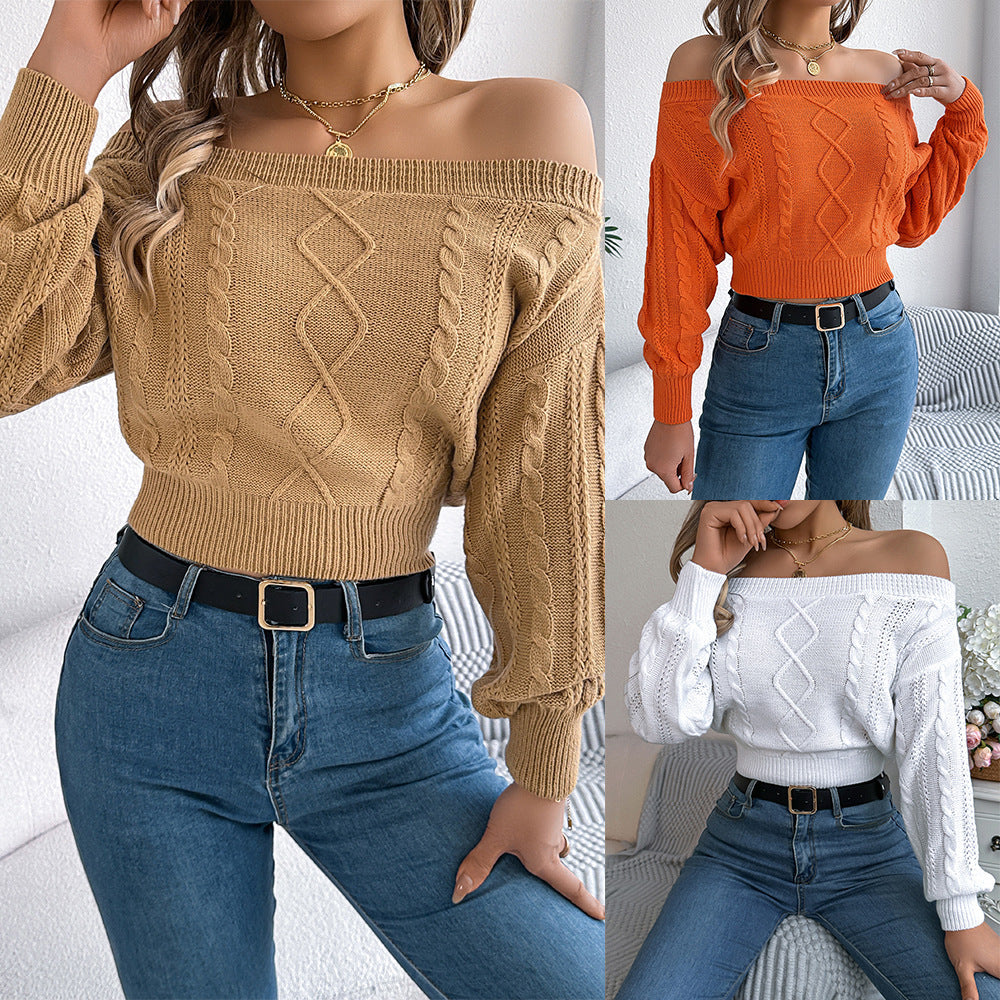 Schulterfreier Langarm-Pullover - Lässiger Chic | Weiß, Khaki & Orange - nargiss