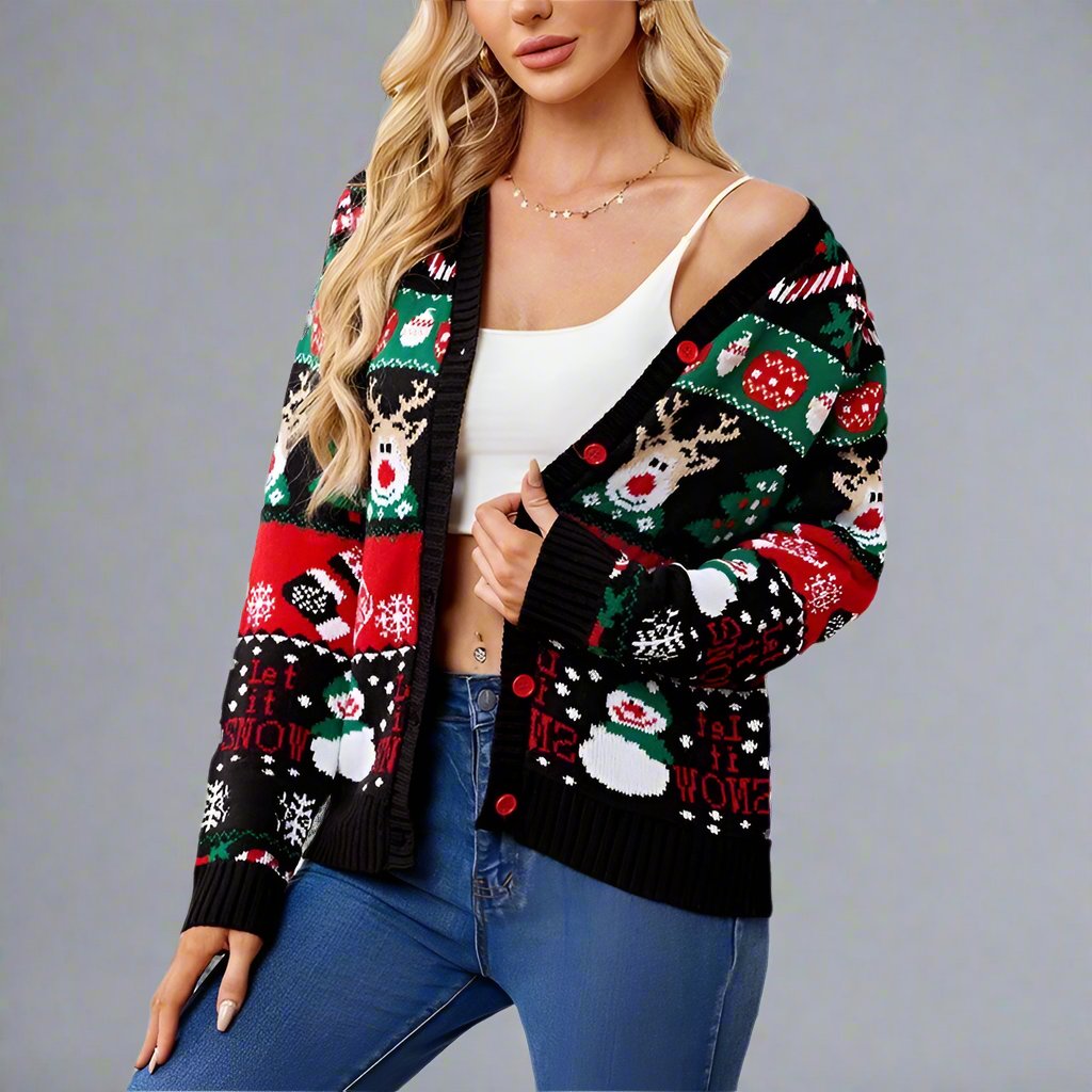 Lässiger Strick-Cardigan für Damen - Weihnachtsedition ❄️ | Schwarz & Rot - nargiss