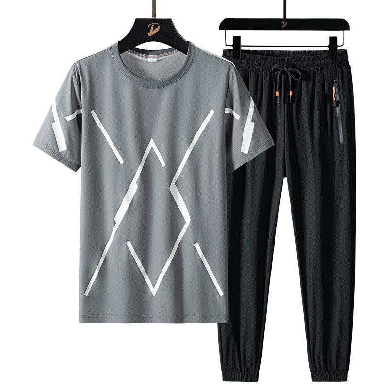 Summer Ice Silk Short Sleeve Trousers Casual Sports Suit - nargis