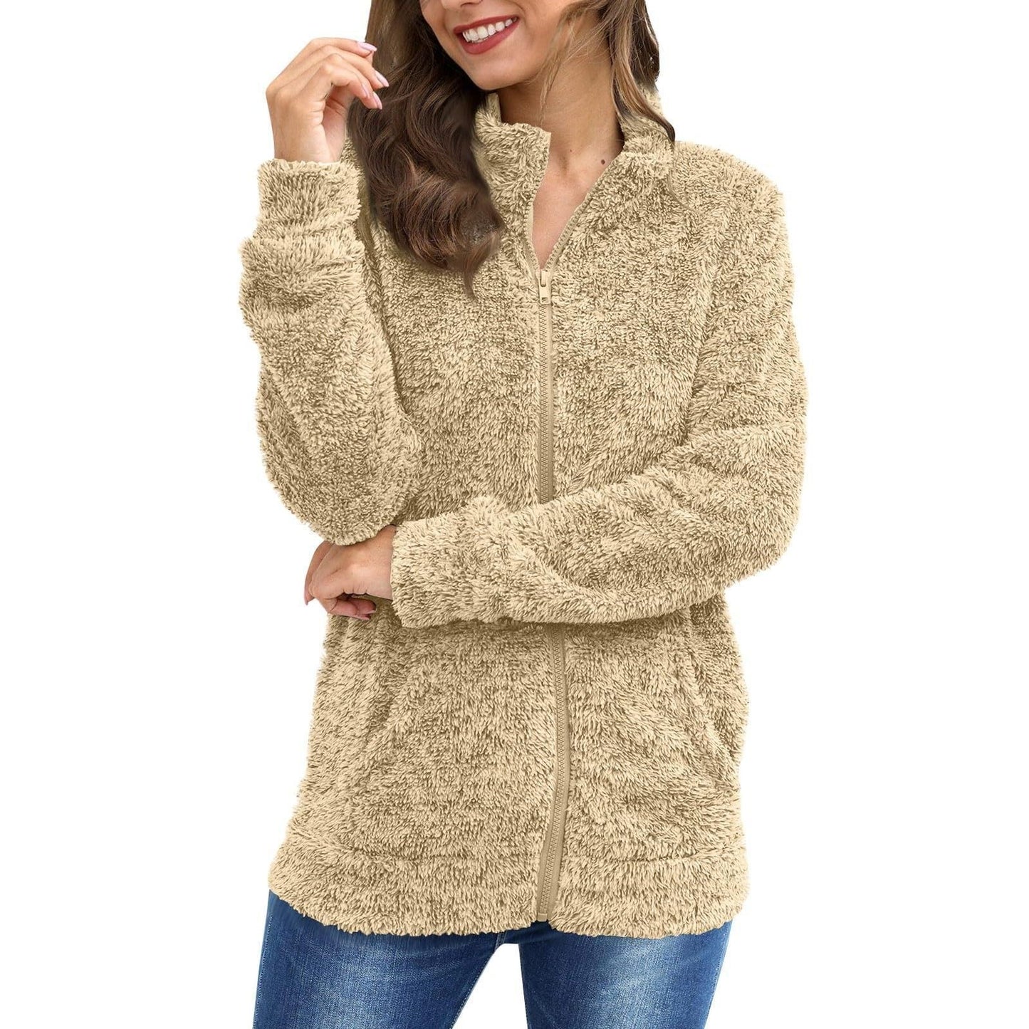 Damen-Langarm-Plüschjacke, locker und warm, modisch