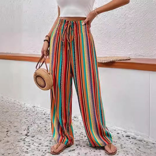 Multi-color Stripe Women's Casual Pants Tied Elastic Waist - nargiss