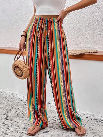 Multi-color Stripe Women's Casual Pants Tied Elastic Waist - nargiss