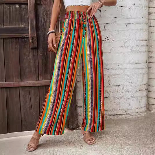 Multi-color Stripe Women's Casual Pants Tied Elastic Waist - nargiss