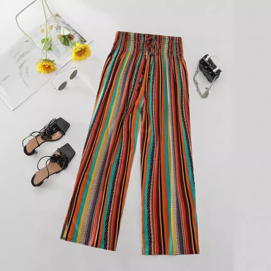 Multi-color Stripe Women's Casual Pants Tied Elastic Waist - nargiss