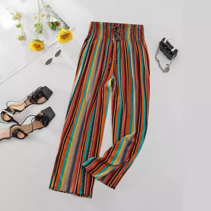 Multi-color Stripe Women's Casual Pants Tied Elastic Waist - nargiss