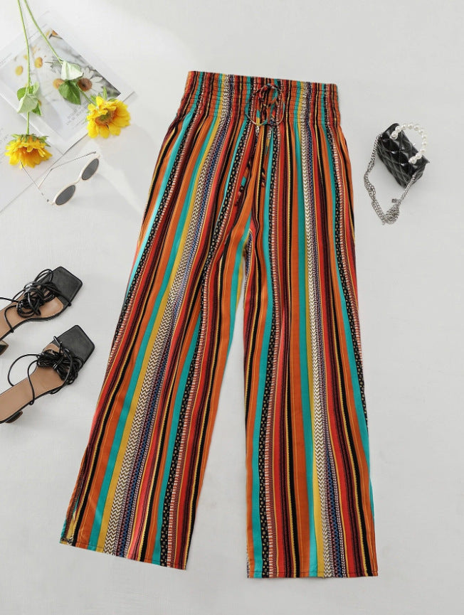 Multi-color Stripe Women's Casual Pants Tied Elastic Waist - nargiss