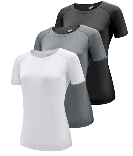 Damen 3er Pack Kurzarm T-Shirts, UPF 50+ Sonnenschutz Schnelltrocknend Funktionsshirt Laufshirts, Atmungsaktiv Kurzarm Sportshirt Gym Yoga Top Workout Fitness Oberteil Black/White/Grey 3P11-M - nargiss