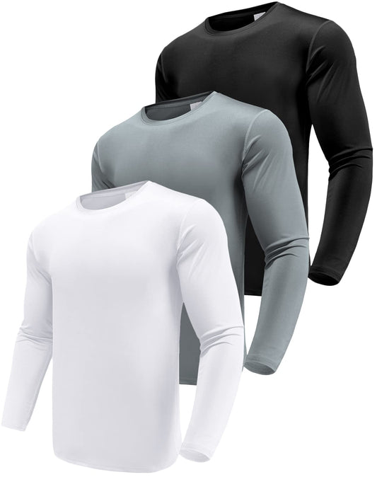 Herren 3er Pack Langarmshirt T-Shirts, UPF 50+ UV Schnelltrocknend Funktionsshirt Laufshirts, Atmungsaktiv Langarm Sportshirt Gym Outdoor Workout Fitness Oberteil Black/White/Grey-3P01-L - nargiss