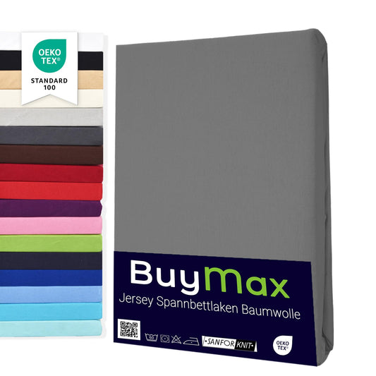 Buymax Spannbettlaken 140x200cm Baumwolle 100% Spannbetttuch Bettlaken Jersey, Matratzenhöhe bis 25 cm, Farbe Anthrazit-Grau ÖKO TEX Standard - nargiss