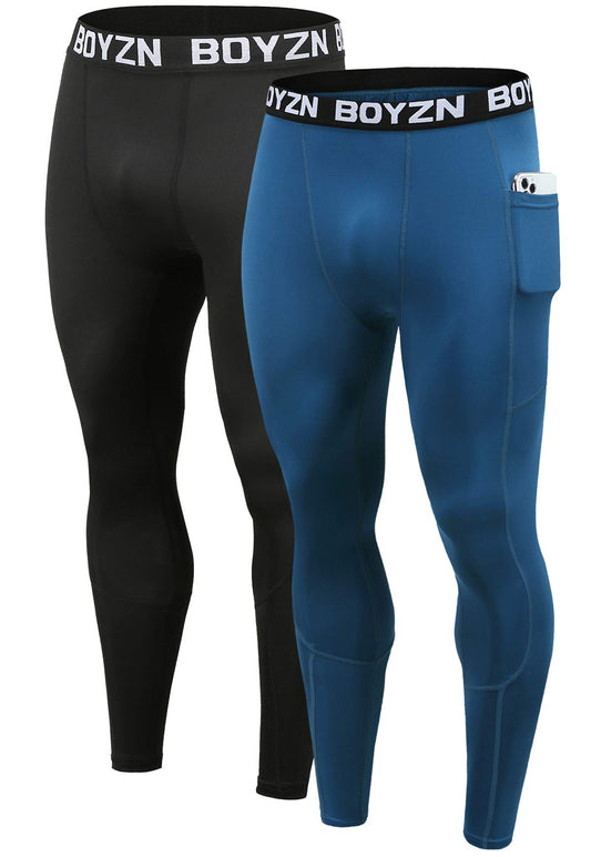 2er Pack Sport Leggings für Herren, Funktionsunterwäsche Kompressionshose Herren Fitness Strumpfhosen, Laufhose Tight Lange Unterhose Schnelltrocknende Sporthose Trainingshose Black/Blue(Pocket)-L - nargiss