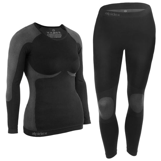 ALPIDEX Damen Funktionswäsche Thermounterwäsche Skiunterwäsche - atmungsaktiv, wärmend und schnell trocknend, Größe:S/M, Farbe:Black-Grey - nargiss