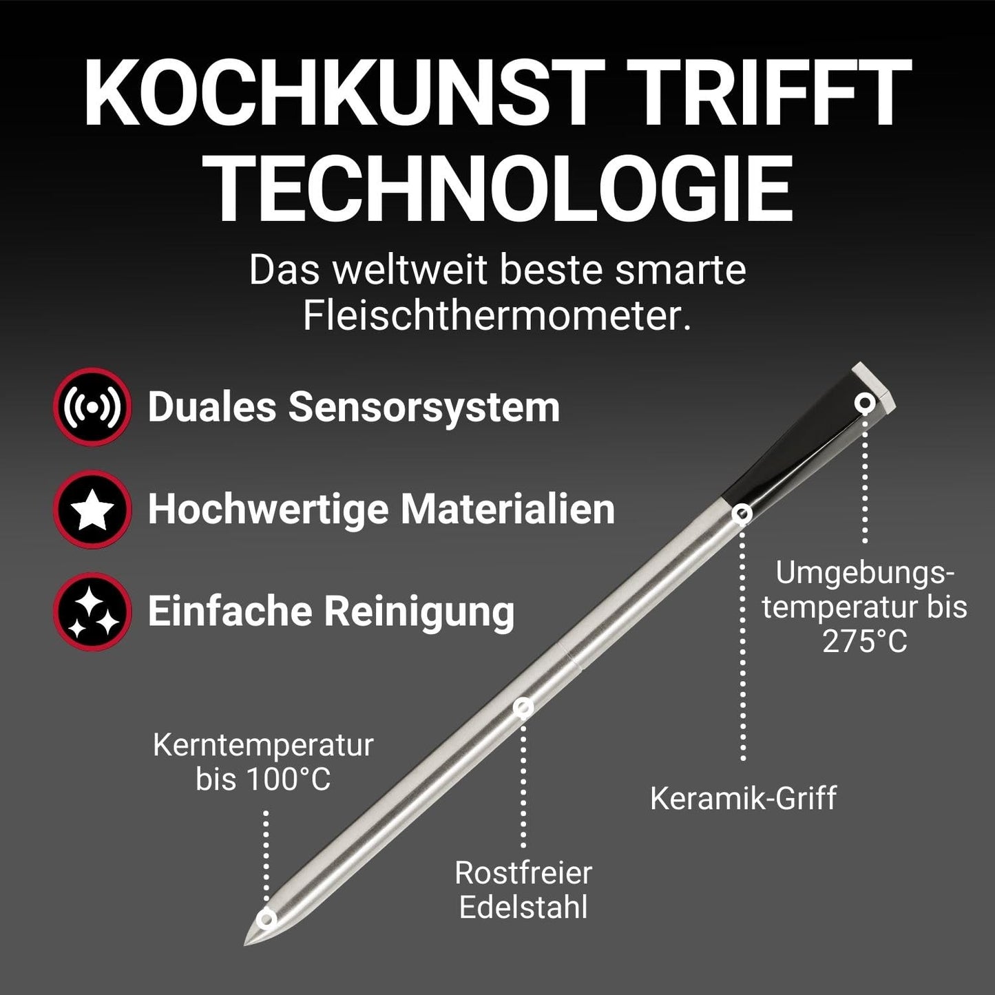 MEATER Plus | Das Kabellose, Smarte Fleischthermometer mit 50m Reichweite Für Ofen, Grill, Pfanne und Rotisserie Perfekter Fleischgenuss via App in Deutscher Sprache - nargiss