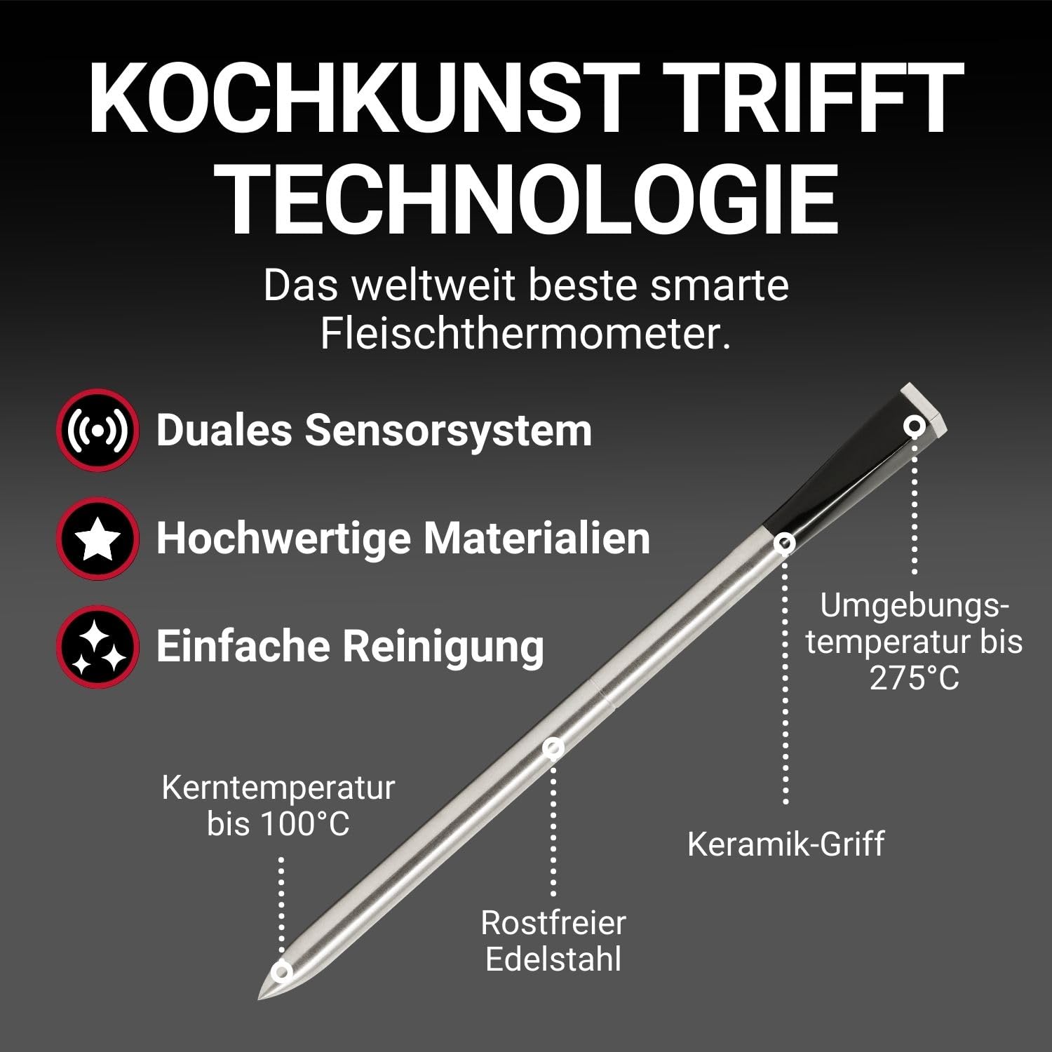 MEATER Plus | Das Kabellose, Smarte Fleischthermometer mit 50m Reichweite Für Ofen, Grill, Pfanne und Rotisserie Perfekter Fleischgenuss via App in Deutscher Sprache - nargiss