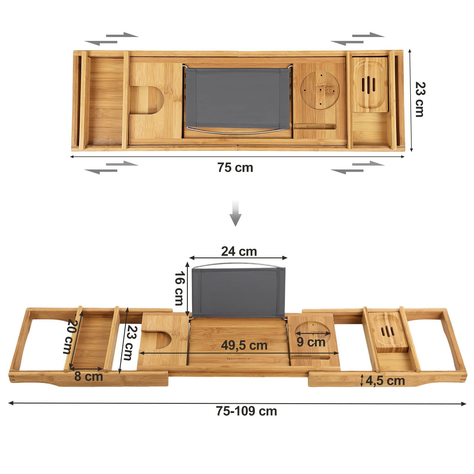 SONGMICS ausziehbare Badewannenablage aus Bambus verstellbares Badewannenbrett Badewannen Ablagen, mit Getränkehalter, Buchstütze, Seifenhalter 75-109 x 4,5 x 23 cm (B x H x T) BCB88Y - nargiss