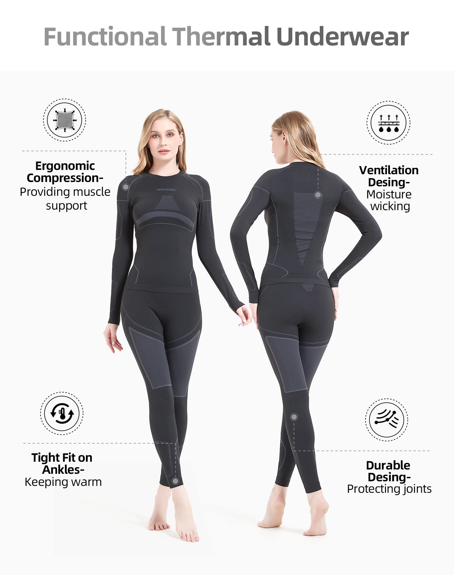 NOOYME Thermounterwäsche Damen Atmungsaktiv und Thermowäsche Set Funktionswäsche Damen Anti-bakteriell und Flexibel Skiunterwäsche Damen Warme Unterwäsche für zu Hause und Sport im Herbst Winter - nargiss