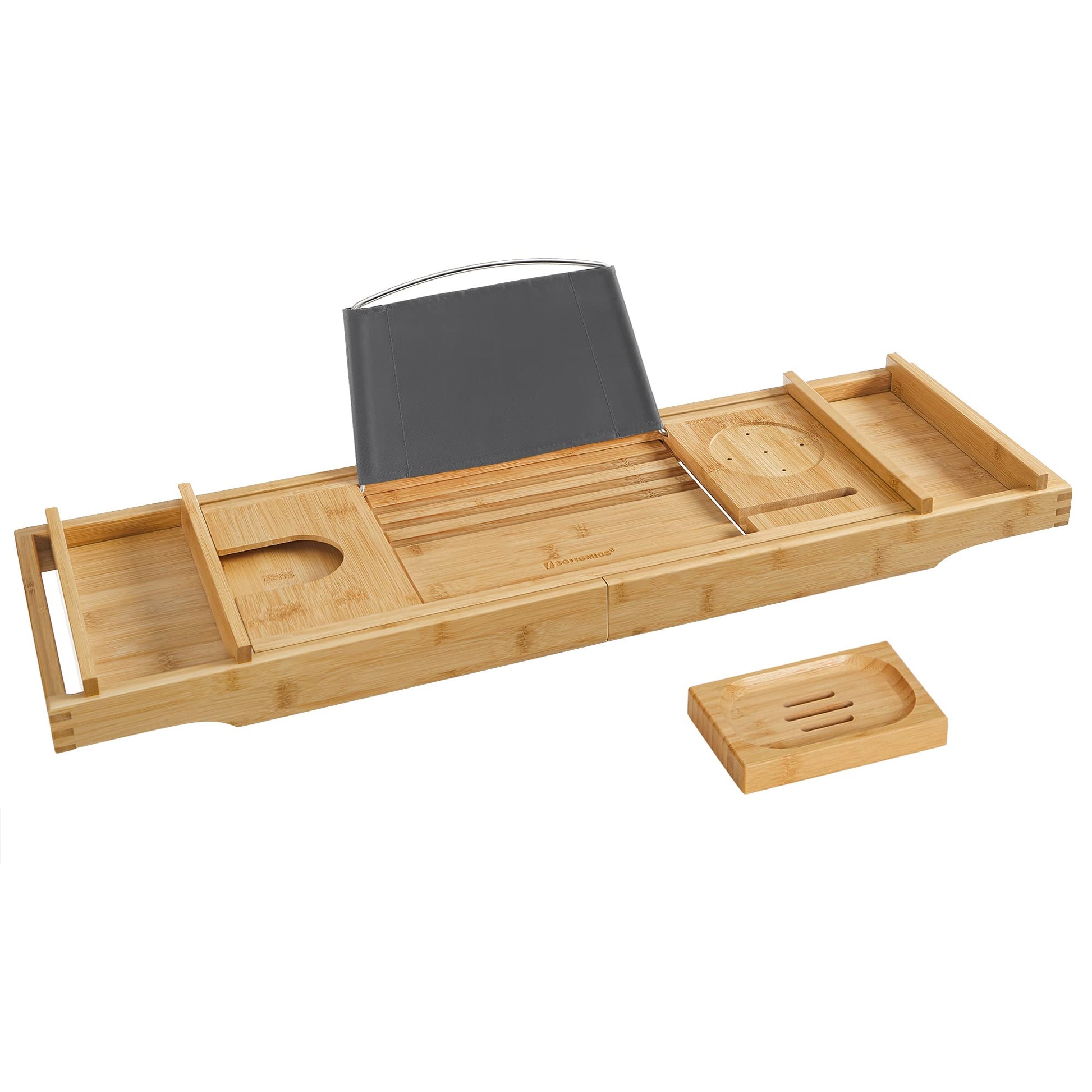 SONGMICS ausziehbare Badewannenablage aus Bambus verstellbares Badewannenbrett Badewannen Ablagen, mit Getränkehalter, Buchstütze, Seifenhalter 75-109 x 4,5 x 23 cm (B x H x T) BCB88Y - nargiss