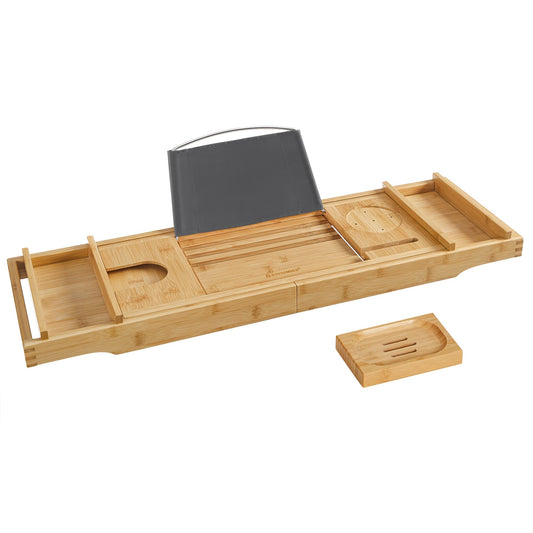 SONGMICS ausziehbare Badewannenablage aus Bambus verstellbares Badewannenbrett Badewannen Ablagen, mit Getränkehalter, Buchstütze, Seifenhalter 75-109 x 4,5 x 23 cm (B x H x T) BCB88Y - nargiss